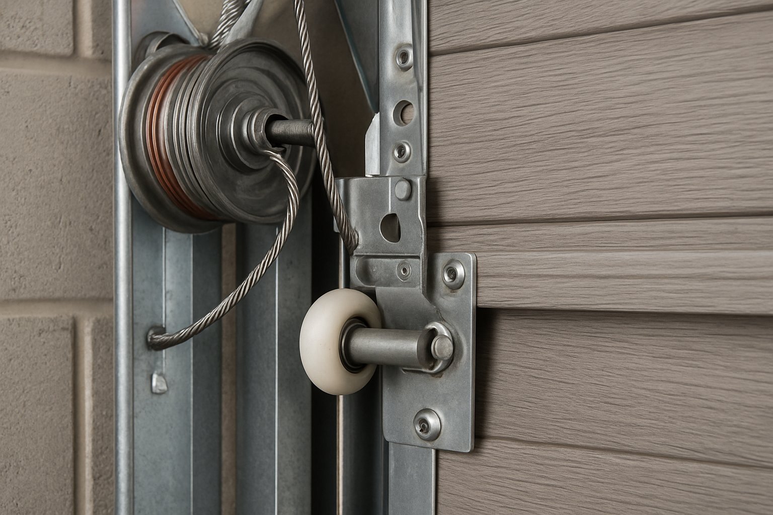 Garage door roller, vertical track, and lift cable shown in close detail