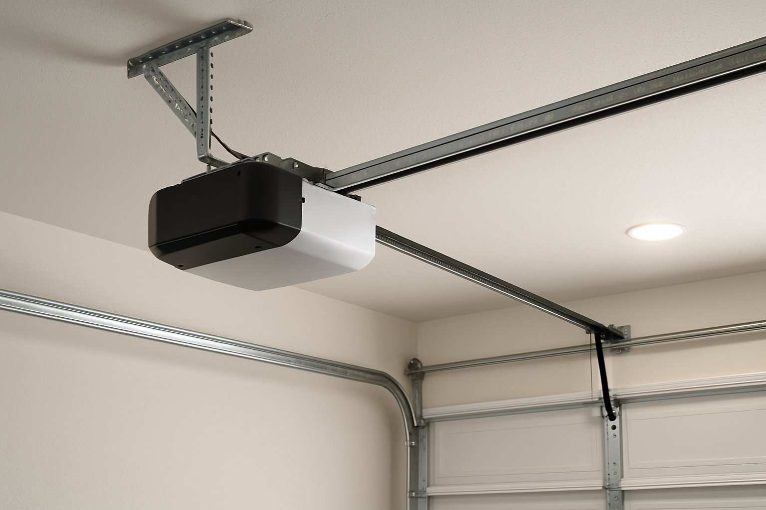 Modern garage door opener unit and rail mounted to a clean ceiling