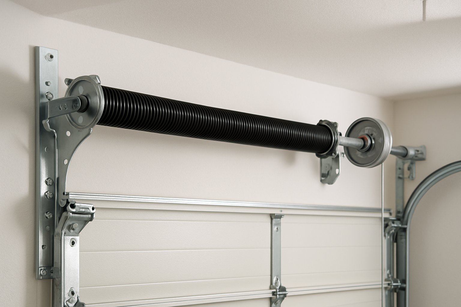 Clean torsion spring assembly mounted above a sectional garage door
