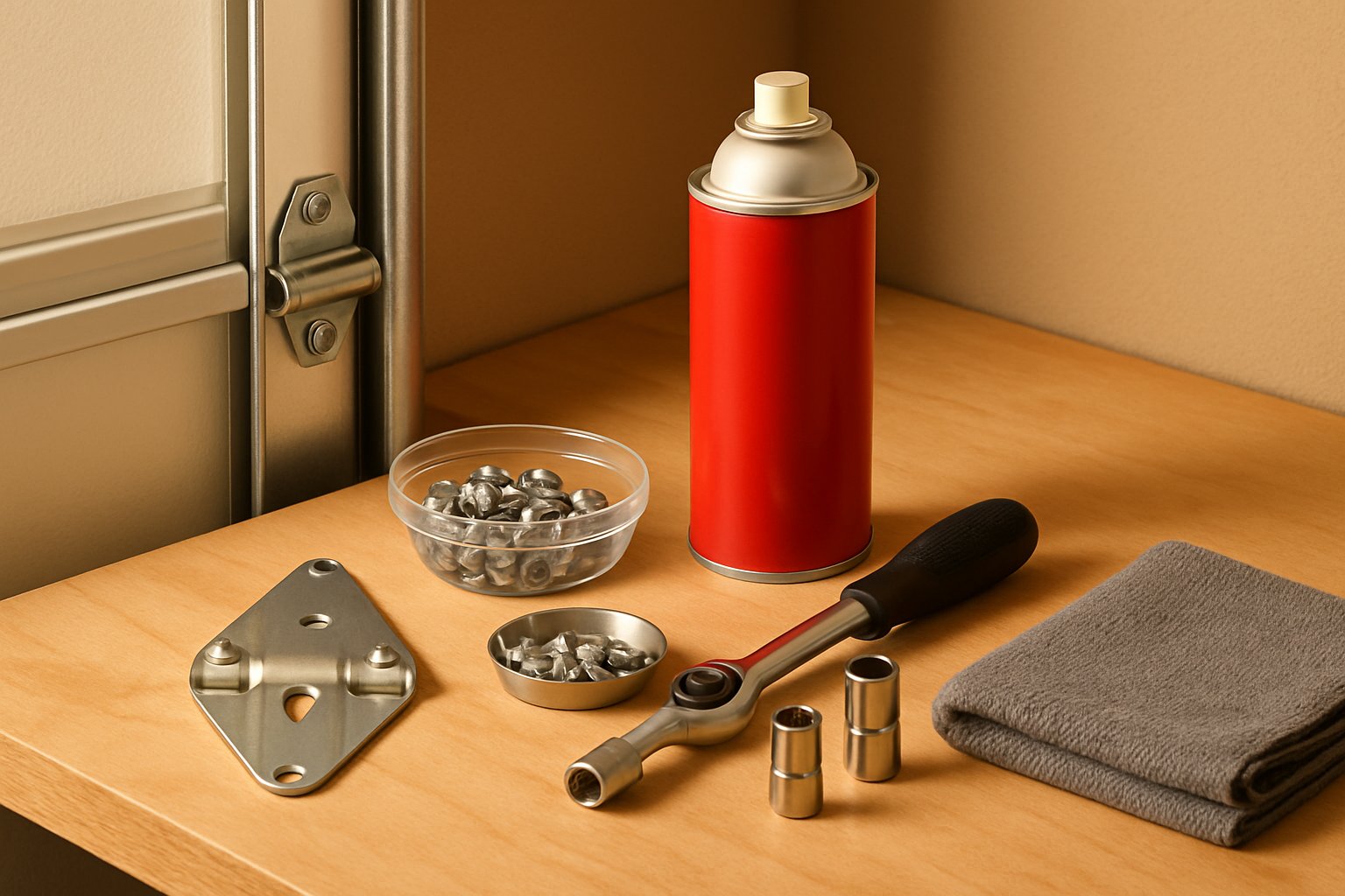 Organized garage door maintenance supplies beside clean track hardware